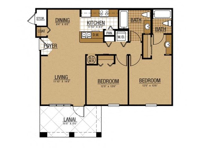 Floor plan for 2 beds, 2 baths, 939 sqft